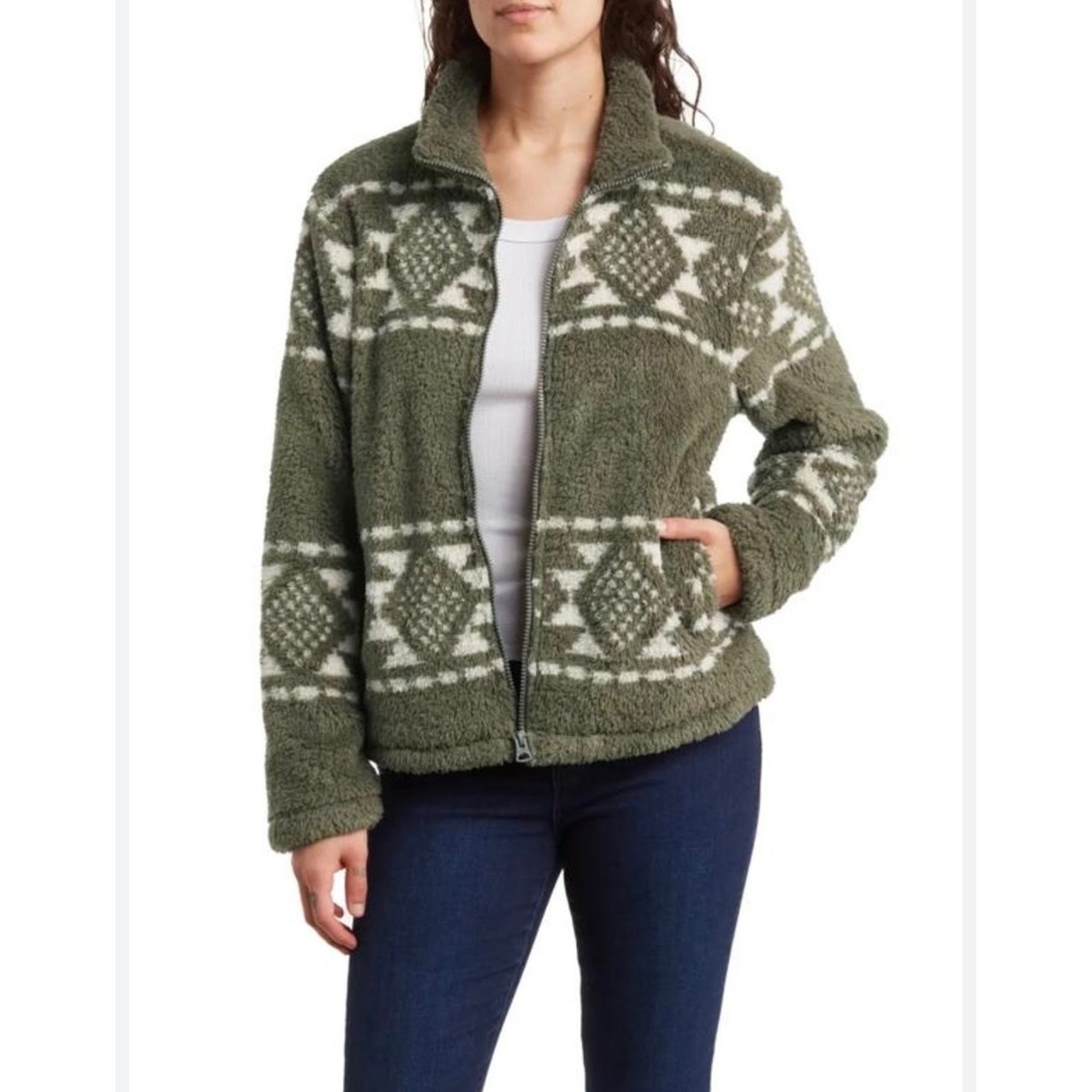 Lucky Brand Green Geometric Fuzzy Fleece Sherpa Full Zip Jacket Women's M $189